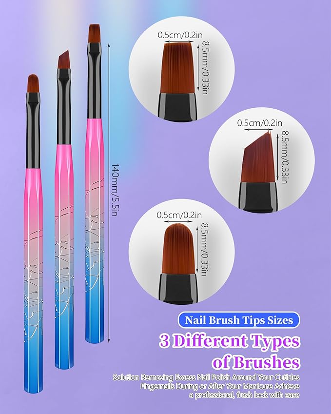 3PCS Nail Polish Clean Up Brush, Round&Falt&Angled Acetone Resistant Nail Brush for OPI Nail Polish Remover, Fingernail Cleaning Brushes at Home Nail Art and Designs(Gilded Pink Blue)