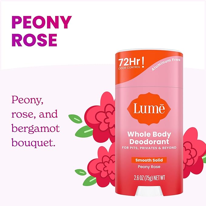 Lume Whole Body Deodorant - Smooth Solid Stick - 72 Hour Odor Control - Aluminum Free, Baking Soda Free and Skin Loving - 2.6 Ounce (Pack of 3) (Peony Rose)