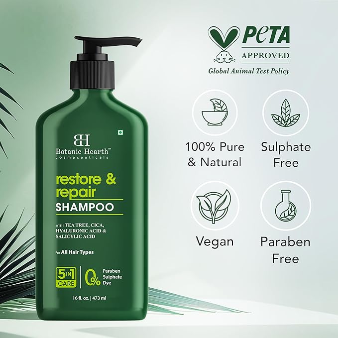 Botanic Hearth Tea Tree Shampoo Infused With Cica, Hyaluronic Acid & Salicylic Acid | Clarifying Shampoo To Repair, Restore & Strengthen Hair | Paraben & Sulfate Free | For All Hair Types, 16 Fl Oz