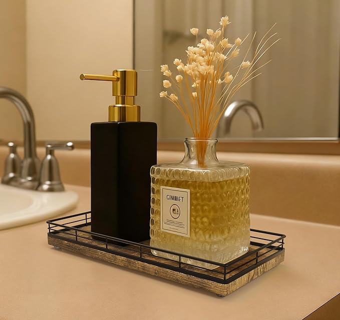 Bathroom Vanity Tray – 12" x 6" Decorative Wooden Tray for Toilet Tank Organizer Wood Tray for Bathroom Countertop, Soap, Perfume & Accessories Storage Vanity Dresser Decor Black & Rustic Brown