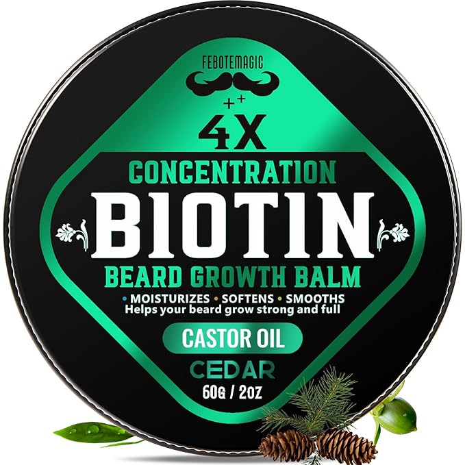 4X Concentration Biotin Beard Balm for Men – Natural Men's Grooming Butter with Castor, Shea & Jojoba Oil – Softens, Conditions & Styles – Non-Greasy Beard Growth Conditioner – 2 oz (Cedar)