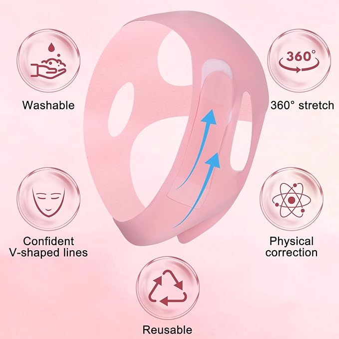 V Line Lifting Mask, Soft Silicone Double Chin Reducer, Chin Strap for Sleeping - Jawline Shaper - Face Lifting Strap 23-27 Inches (Pink)