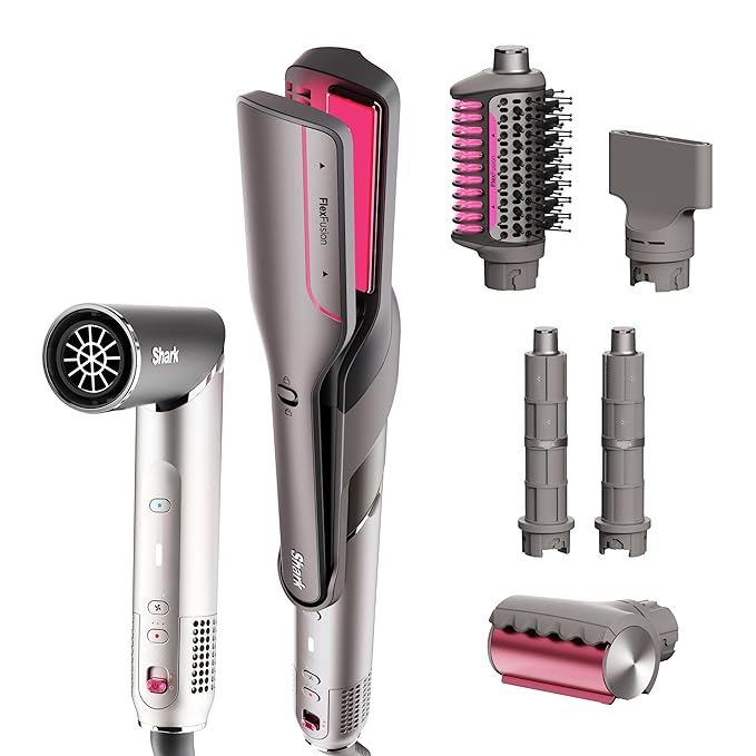 Shark Flex Fusion Hair Straightener & Powerful Hair Dryer with Fusion Hair Brush, Air Styler with Auto-Wrap Hair Curlers, Concentrator, & Frizz Fighter, Metallic Mist, HD651S