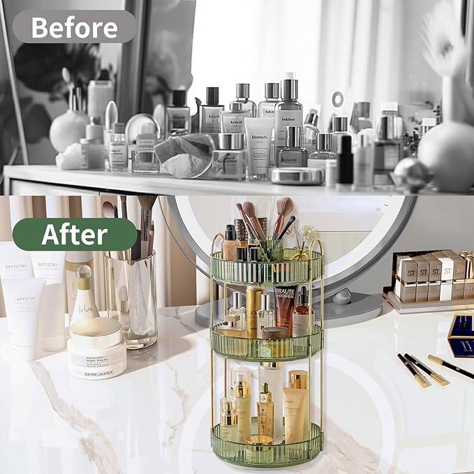 360 Rotating Makeup Organizer,3 Tier Large Capacity Make Up Organizers and Storage,Skincare Perfume Vanity Organizers,Bathroom Cosmetics Storage Organizer Countertop (Green)