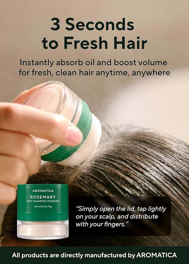 AROMATICA Rosemary Dry Shampoo Powder, Travel Size (10g/0.3oz) - Root Lifting & Volumizing Hair Powder with Panthenol + Biotin, Oil-Absorbing, Non-Aerosol, Talc-Free, Korean Hair Care, for Women