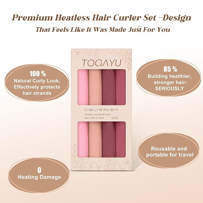 Heatless Curls Overnight Set - 8PCS Jumbo Velvet Hair Rollers to Sleep In, Soft Flexi Rods for No Damage Curls and Waves - For All Hair Types and Texture