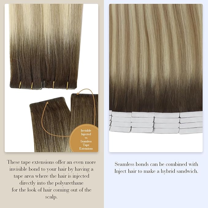Full Shine Tape ins Extensions Virgin Injection Tape in Hair Extensions Color 2/18/22 Tape ins Human Hair 20Inch Seamless Invisible Hair Extensions Real Human Hair 12.5Gram 5Pcs for Women