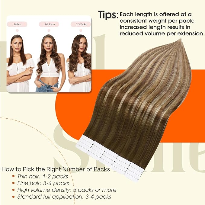 Full Shine Hair Extensions Tape in Color 4 Brown Fading to 27 And 60 Blonde Highlight 8 Brown Tape in Hair Extensions 20Inch Invisible Seamless Extensions Straight Remy Human Hair 50Gram 20Pcs