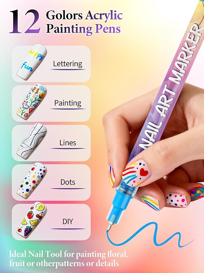 12 Colors Nail Art Pens Set, EBANKU Nail Polish Pens Quick-Drying Acrylic Paint Pen Nail Point Dotting Liner Pen Tools for Home & Salon Nail Art DIY