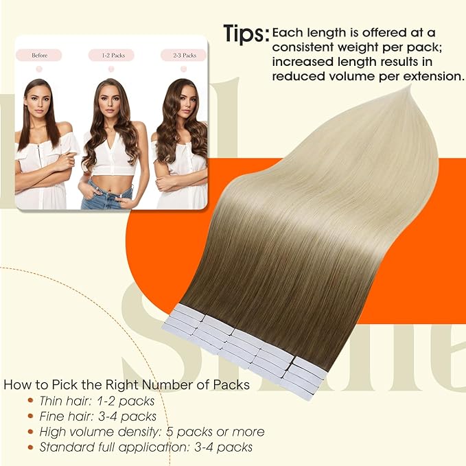 Full Shine Blonde Balayage Tape in Hair Extensions Real Human Hair Seamless Tape in Extensions Brown To Blonde 3/8/613 Double Sided 14Inch Invisible Seamless Skin Weft 50G 20Pcs Remy Natural Straight