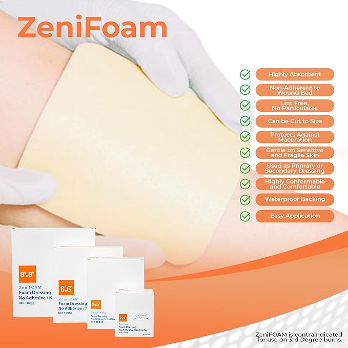 ZeniFOAM Polyurethane Foam Dressing 2" x 2" - No Border, No Adhesive, Sterile, Highly Absorbent for Heavy Wound Drainage, Non-Stick and Lint-Free Pad, Latex-Free, with Waterproof Backing (10pcs/Box)