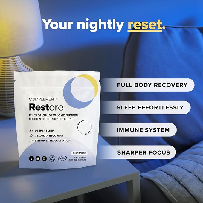 Complement Restore Golden Latte - Calm Magnesium Powder, Deep Sleep Aid Drink - Reishi, Ashwagandha, Valerian & L-Theanine - Nighttime Recovery, Relaxation Adaptogens Mix - No Melatonin (30 Servings)