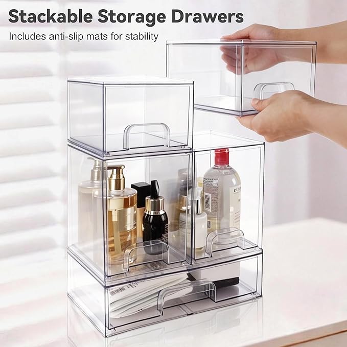 Clear Stackable Storage Drawers, Pull-Out Makeup Organizer, Transparent Baby Bottle Organizer, Storage Bins Suitable for Vanity Tables, Bathrooms, Kitchens (5-Piece Set)