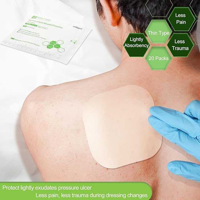 20 Pack Hydrocolloid Wound Dressing 4x4 Inch Extra Thin Hydrocolloid Bandages Patches for Light Exudates Pressure Ulcers, Bed Sores, Minor Burns, Cuts & Abrasions, Blister & Surgical Wound Care
