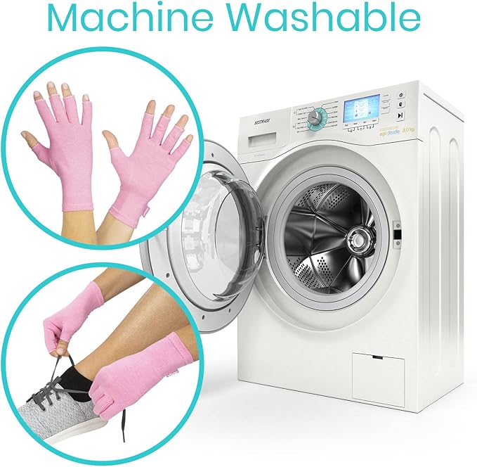 Vive Pink Arthritis Hand Compression Gloves - Comfortable Fit for Men and Women - Open Finger for Rheumatoid, Osteoarthritis and Computer Typing Pain - Carpal Tunnel Support - Moisture Wicking Fabric