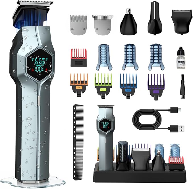 Beard Trimmer for Men, Magnetic Snap-on Replacement Heads & Charging Dock, IPX7 Waterproof Cordless Hair Clippers, Mens Grooming Kits for Mustache/Body/Face/Ear/Nose, Blue