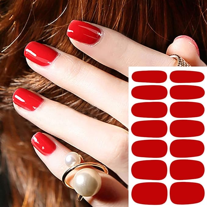 WOKOTO 20 Sheets Red Series Solid Color Full Nail Wraps with Nail File Self-Adhesive Nail Polish Stickers Real Nail Polish Strips for Women Stick On Nails Strips
