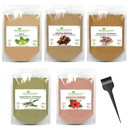 Shudh Online Herbal Hair Mask Powder Combo, Indian Ayurvedic Herbal Powder for Hair Growth (8.8oz, 250g), Bhringraj, Hibiscus, Shikakai, Reetha, Amla Shampoo (1.76oz each)
