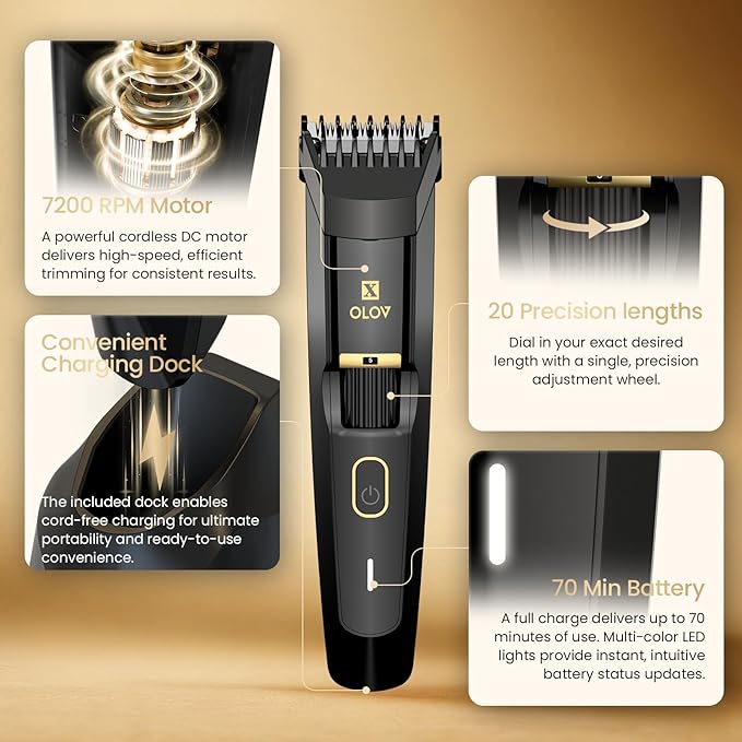 Men's Beard Trimmer - All-in-One Trimmer with Precision Dial - Premium Facial Hair Groomer - Adjustable 20 Length Setting, USB Recharge Dock, Cordless Waterproof Wet/Dry Clipper