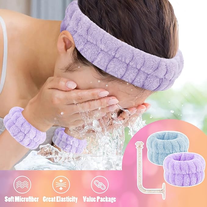 Face Wash Headband and Wristband Set of 2, Purple and Blue, Microfiber, Fitness, Unisex, with Wrist Towel Holder