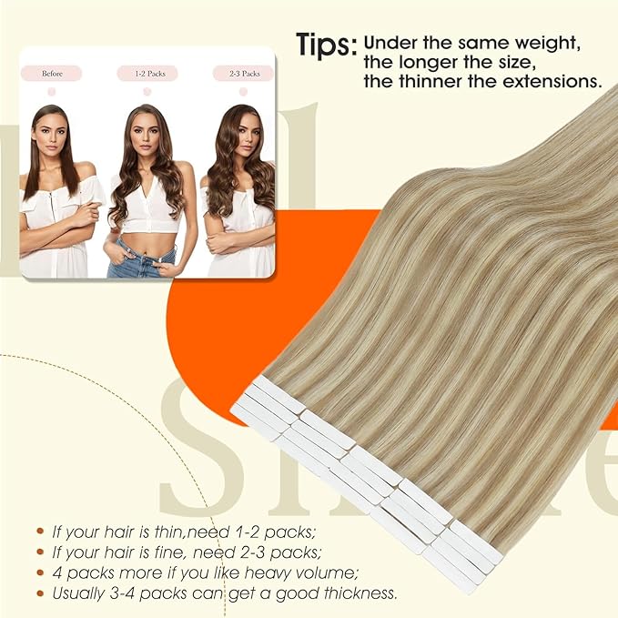 Full Shine Tape in Extensions Human Hair Color 16P22 Injected Human Hair Extensions Tape in 18Inch Long Straight Extension Seamless Skin Weft 50G 20Pcs for Women Travel Friendly Styling Lightweight