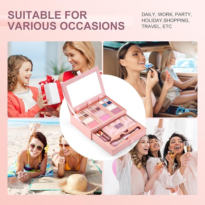 Color Nymph Small Makeup Palette Set for Face | Cosmetics Gift Set for Women & Girls | 12 Colors Eyeshadow, Blush, Highlighter, Contour Powder, Lip Gloss & Brush Kit | Travel-Friendly (Pink)