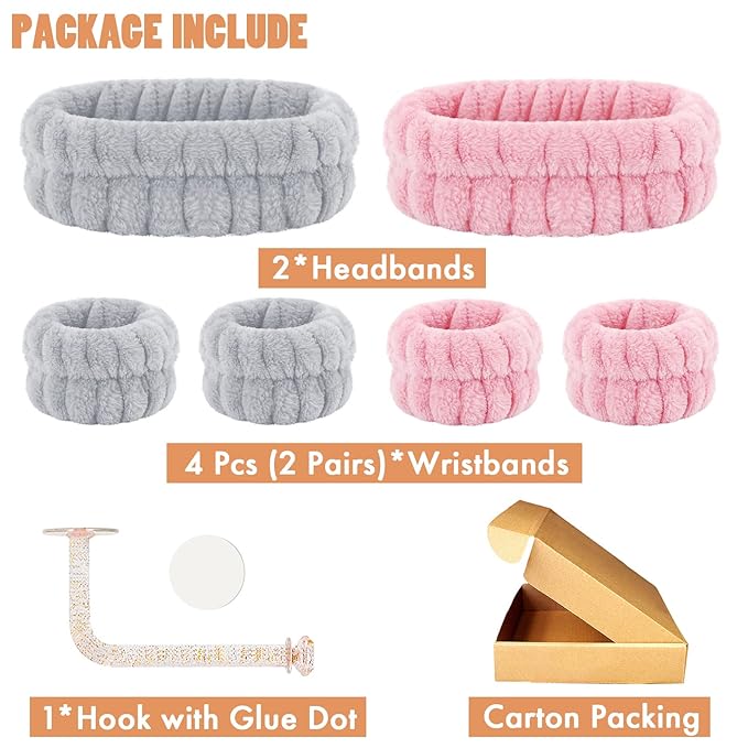 Face Washing Headband and Wristband Set of 2, Microfiber, Pink and Grey, Absorbent Spa Wristbands for Adult Women, 6 Count
