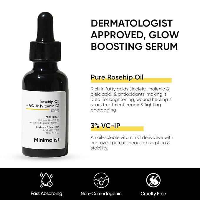 Minimalist Rosehip Oil with Vitamin C for Anti Aging & Glowing Skin | Fades Acne Marks & Scars & Reduces Photoaging | Pure & Cold Pressed | For Women & Men | 1 Fl Oz / 30 ml