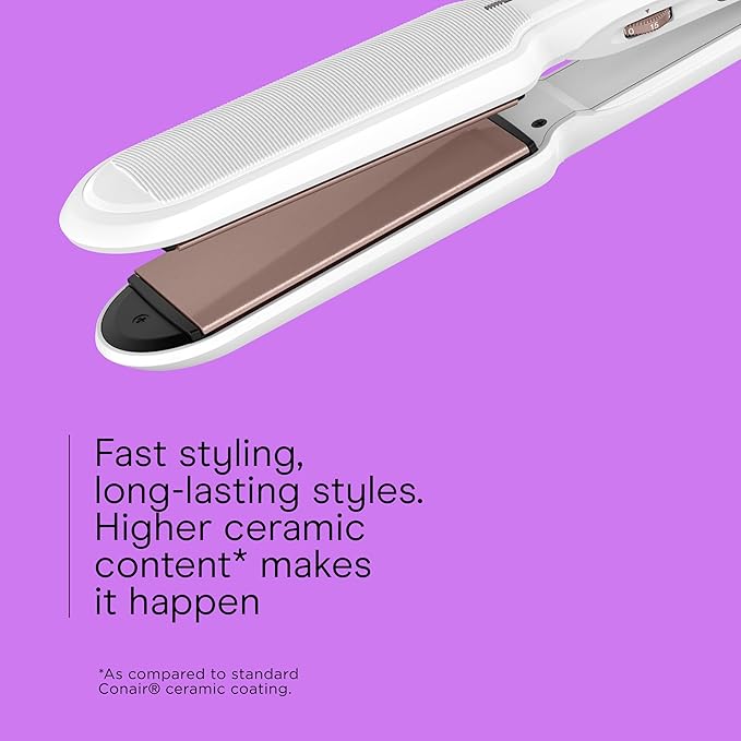 Conair Double Ceramic Flat Iron, 1½-inch Flat Iron, 5 Heat Settings Up to 410°F, Extra-Wide Floating Plates, For All Hair Types and Textures, White