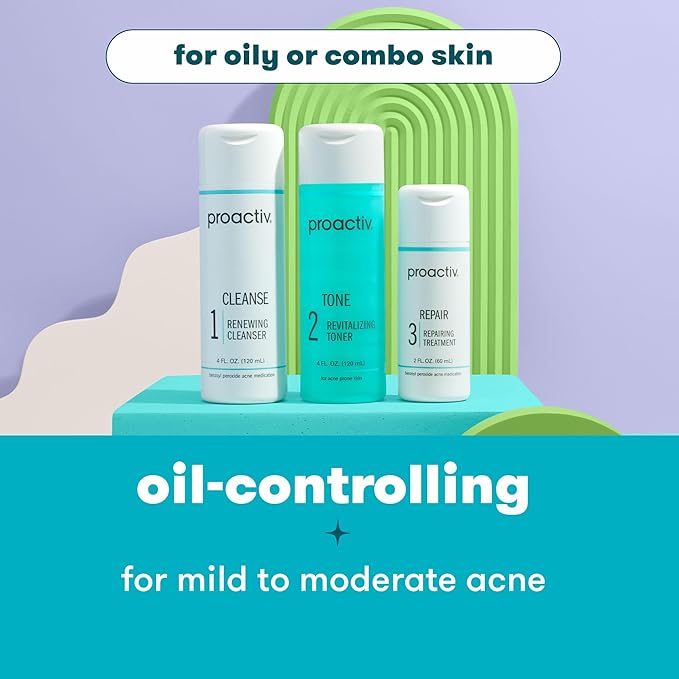 Proactiv 3 Step Acne Treatment System with Benzoyl Peroxide Face Wash, Exfoliating Toner, Repairing Spot Treatment, 60 Day Complete Skin Care Kit