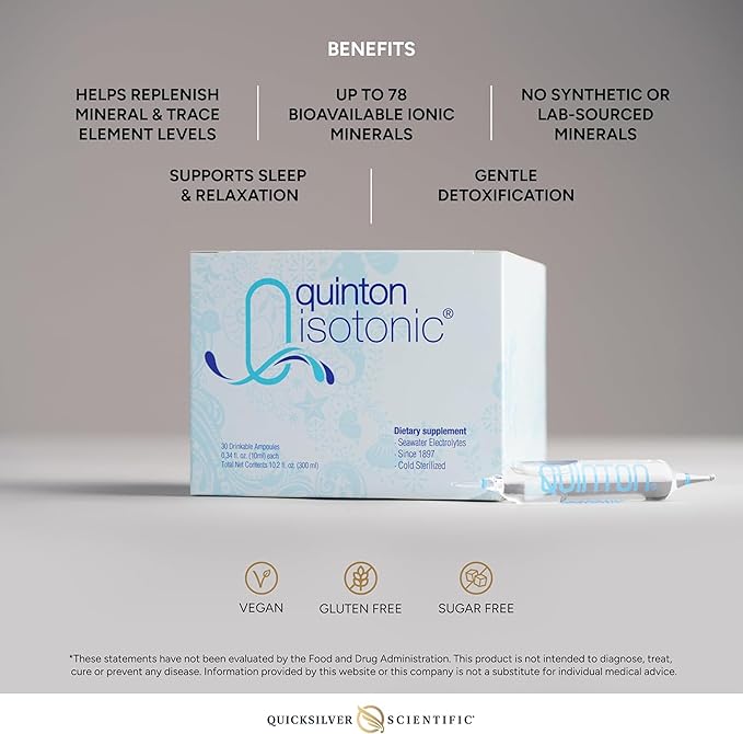 Quicksilver Scientific Original Quinton Isotonic Solution with Sea Water Minerals + Alpine Spring Water - Liquid Hydration, Electrolyte + Multi Minerals Supplement (30 Single Serving Vials)