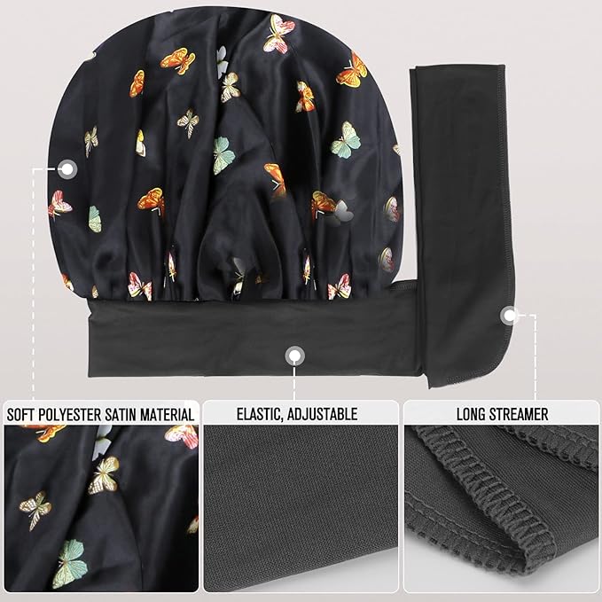 Arqumi Satin Silk Bonnet for Sleeping Women - 2 Pcs Large Long Strap Tie Band Adjustable Sleep Night Shower Cap Hair Bonnet Wrap for Men Reusable, Butterfly Pattern Purple+ Black