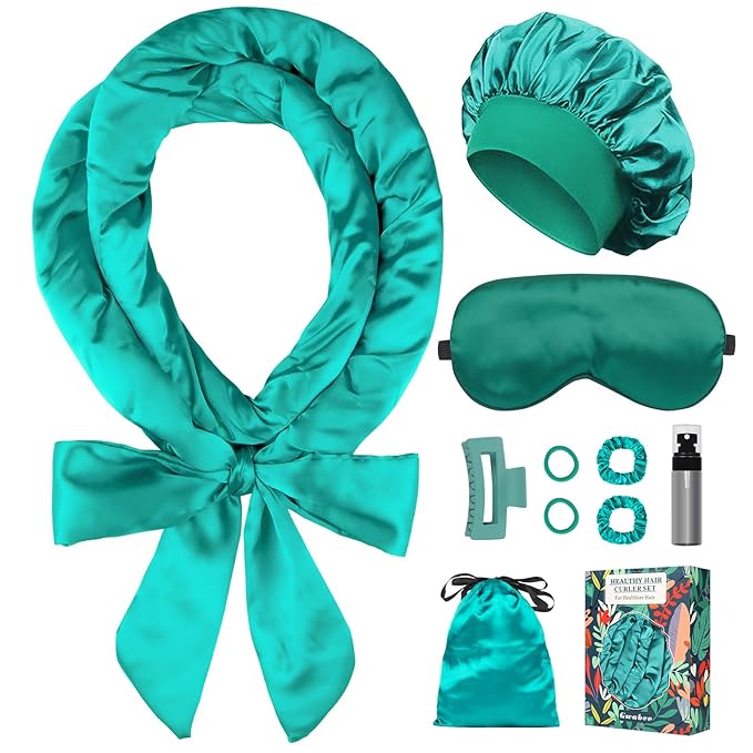 Satin Heatless Curls Overnight Hair Curlers to Sleep In Hair Curler Rollers No Heat Hair Wrap for Curls Headband, 70" Satin Heatless Curling Set for Women Long Waves Hair Volume -Green 10 PCS