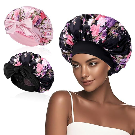Arqumi 2 Pcs Satin Silk Bonnet for Sleeping Women, Large Long Strap Tie Band Adjustable Sleep Night Cap Curly Hair Bonnet Wrap for Braids Mother's Day Girls Gifts, Black+ Pink(Large, Flower Pattern)