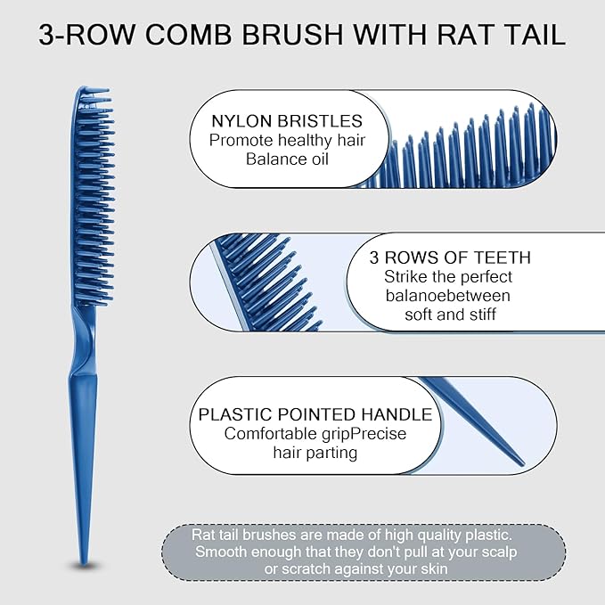 SIMPOR 3 Row Hair Comb for Natural Detangling, Hair Styling Brush, Nylon Bristle Unbraider Teasing Rat Tail Comb for Women Men Blue