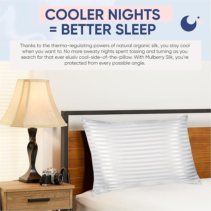 Blissy Silk Pillowcase - 100% Pure Mulberry Silk - 22 Momme 6A High-Grade Fibers - Silk Pillow Cover for Hair & Skin - Regular, Queen & King (White Striped, Queen)