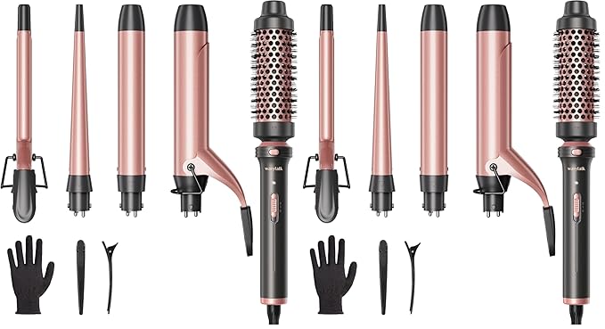 Wavytalk 5 in 1 Curling Iron Set with Curling Brush and 4 Interchangeable Ceramic Curling Wand (0.35"-1.25”), Wand Curling Iron Instant Heat Up, Dual Voltage Hair Curler (Pack of 2)