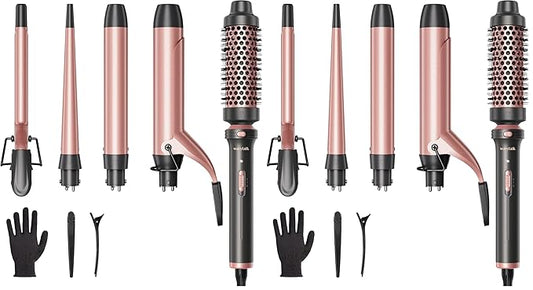Wavytalk 5 in 1 Curling Iron Set with Curling Brush and 4 Interchangeable Ceramic Curling Wand (0.35"-1.25”), Wand Curling Iron Instant Heat Up, Dual Voltage Hair Curler (Pack of 2)