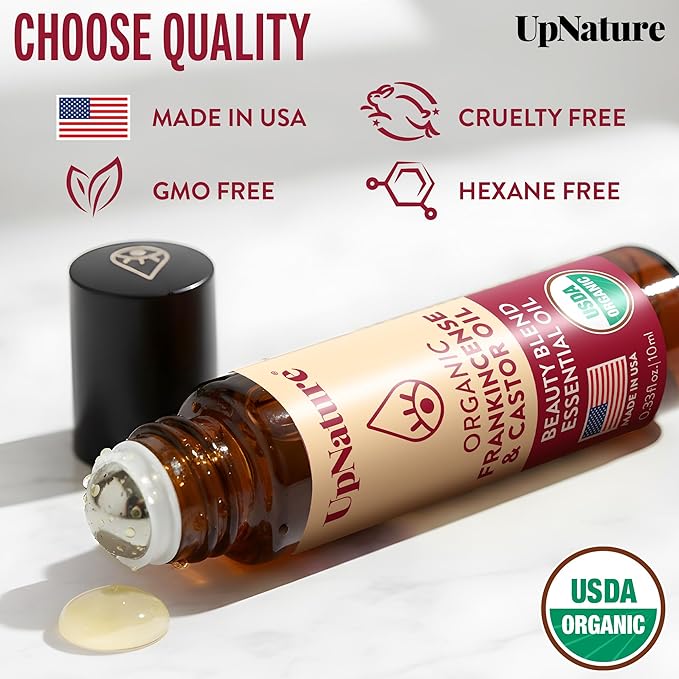 UpNature Beauty Castor Oil Roll On Eye Roller - 100% Organic Frankincense and Castor Oil for Face, Dark Circles, Fine Lines, Under Eyes and Skin