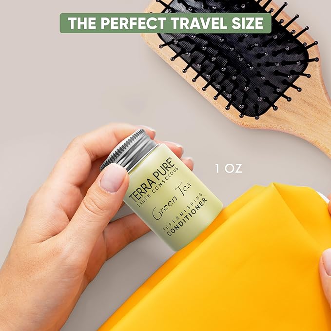 Travel Size Hotel Conditioner 300 Count 1 oz Bottles Guest Amenities for Hotels Vacation Rentals and Short Term Rentals Paraben Free Green Tea Scent Infused with Aloe and Olive Oil by Terra Pure)