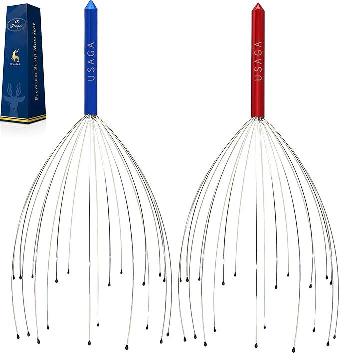 USAGA Head Massager Scalp Massager 20 Fingers Head Scratcher, Stocking Stuffers Gift for Scalp Body Relaxing (Red & Blue)