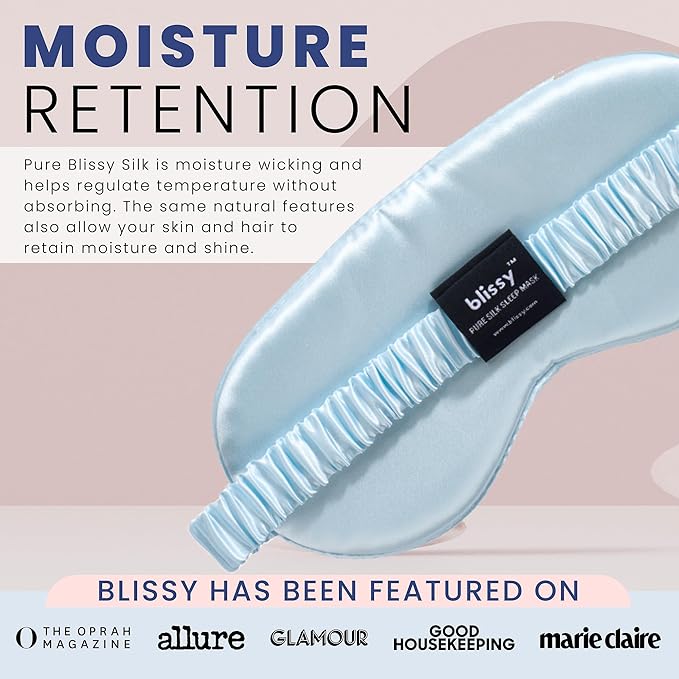 Blissy Silk Sleep Mask - Eye Sleeping Mask for Women & Men for Total Blackout - 100% Pure Mulberry Silk, 22 Momme 6a Fibers - Blindfold Sleep Mask Side Sleeper Eye Cover (Sky Blue)