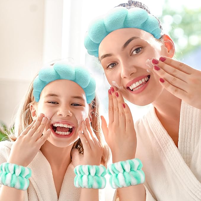 Zkptops Spa Headband for Washing Face Wristband Set Sponge Makeup Skincare Headband Terry Cloth Bubble Soft Get Ready Hairband for Women Puffy Padded Headwear Non Slip Thick Hair Accessory(Turquoise)