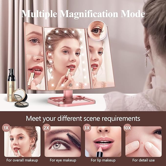 HUONUL Makeup Mirror, Vanity Mirror with Lights, 2X/3X/10X Magnification, Touch Control, Trifold, Dual Power Supply, Valentines Day Gifts for Her,Gifts for Women, Wife, Mom, Girls,Dorm Room Essentials