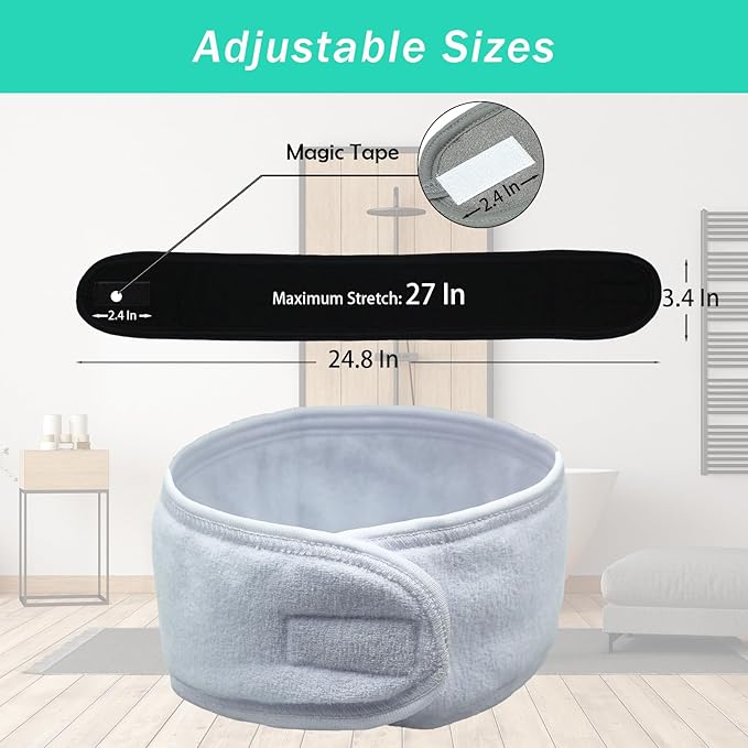 3 Pack Facial Spa Headband for Women - Adjustable, Non-Slip Terry Cloth Headband for Washing Face, Makeup, and Shower - Soft and Stretchable Hair Wrap