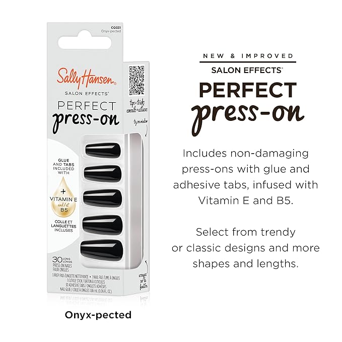 Sally Hansen Salon Effects Perfect Press-On Nails | Coffin Shape | Easy to Apply, Non-Damaging | 30 Nails, Nail Glue, Adhesive Tabs, File | Onyx-Pected