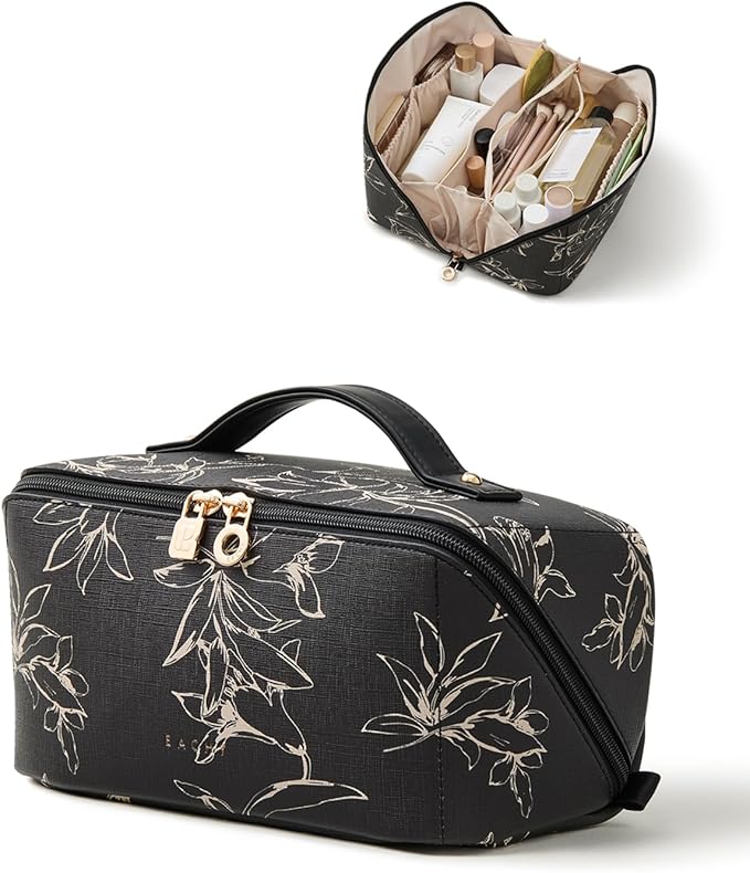 EACHY Travel Makeup Bag,Large Capacity Cosmetic Bags for Women,Waterproof Portable Pouch Open Flat Toiletry Bag Pattern Makeup Bag (F-Black-Large)