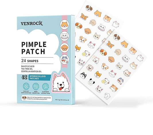 VENROCK Pimple Patches for face,24 Cute Pet Shapes 48 Count Hydrocolloid Acne Treatment for Covering Zits & Blemishes Spot for Kids & Adults, with Salicylic Acid, Tea Tree Oil, Centella Asiatica Oil