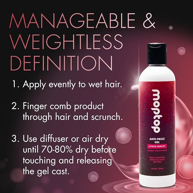MopTop Salon Anti Frizz Hair Gel – Salon Quality Curl Defining Gel to Enhance Wavy, Curly and Kinky-Coily Hair, Medium Hold, For Frizz Control, with Aloe, Sea Botanicals & Honey (Citrus Medley, 8oz)