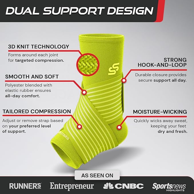 Sleeve Stars Ankle Brace for Women & Men, Ankle Wrap for Sprained Ankle, Compression Sleeve for Plantar Fasciitis Relief, Easy Customizable Support: w/ Removable Strap (Single/M:10"-12"/Neon Yellow Green)